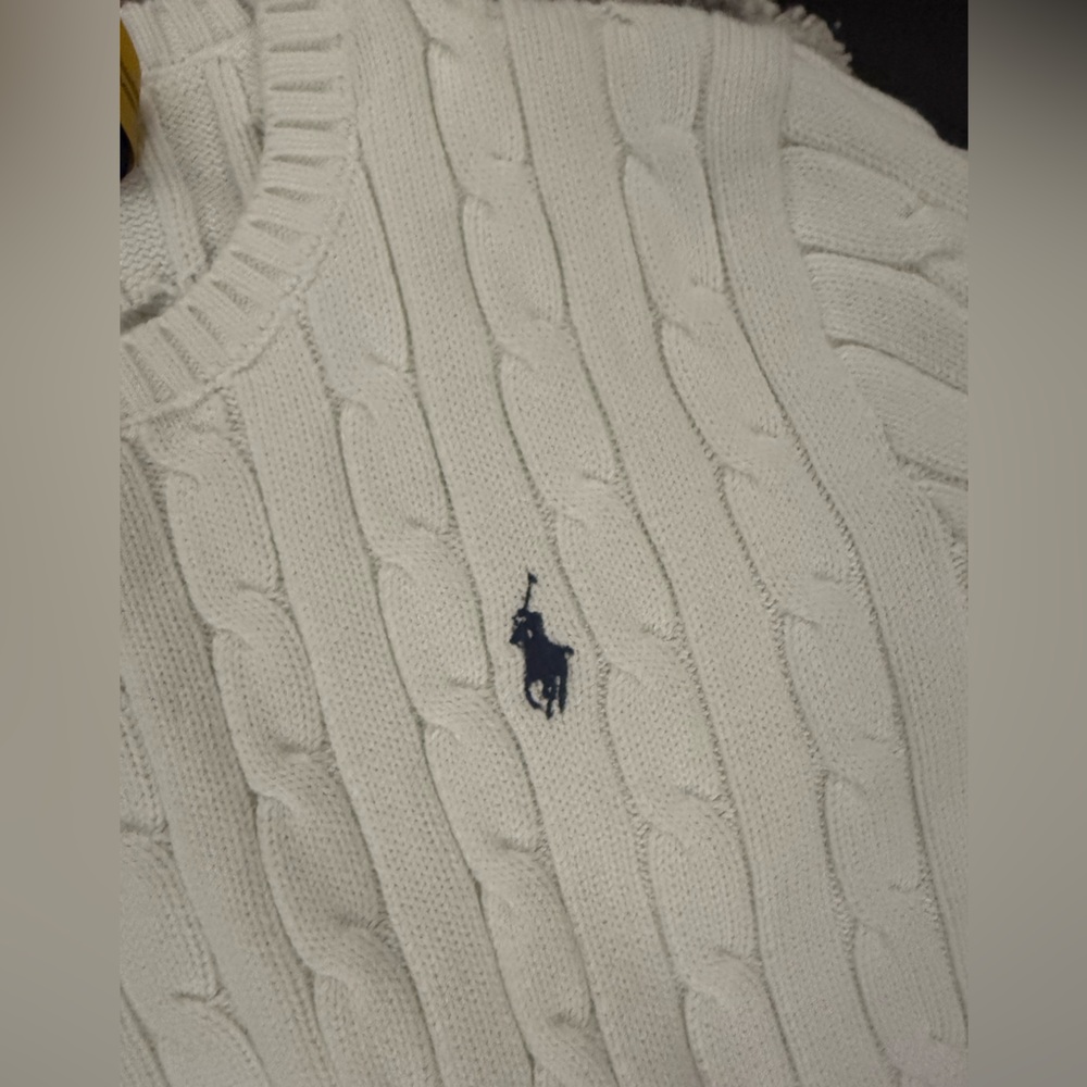 Ralph Lauren White Cable-Knit Crewneck Sweater with Navy Pony - Picture 2 of 3
